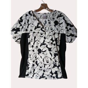 Disney Tooniforms Minnie Mouse Scrub Top Black White V Neck Side Panels XL